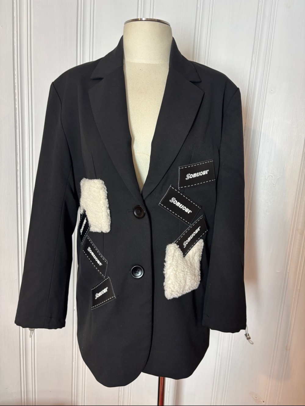 NWOT SOMESOWE Black Oversized Blazer Faux Shearling Patchwork - Size S